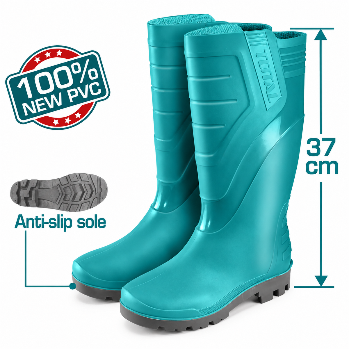 Bottes de pluie TOTAL TSP302L en PVC/Nitrile, hauteur 37 cm, 100 % étanches et antidérapantes, disponibles du 39 au 45.