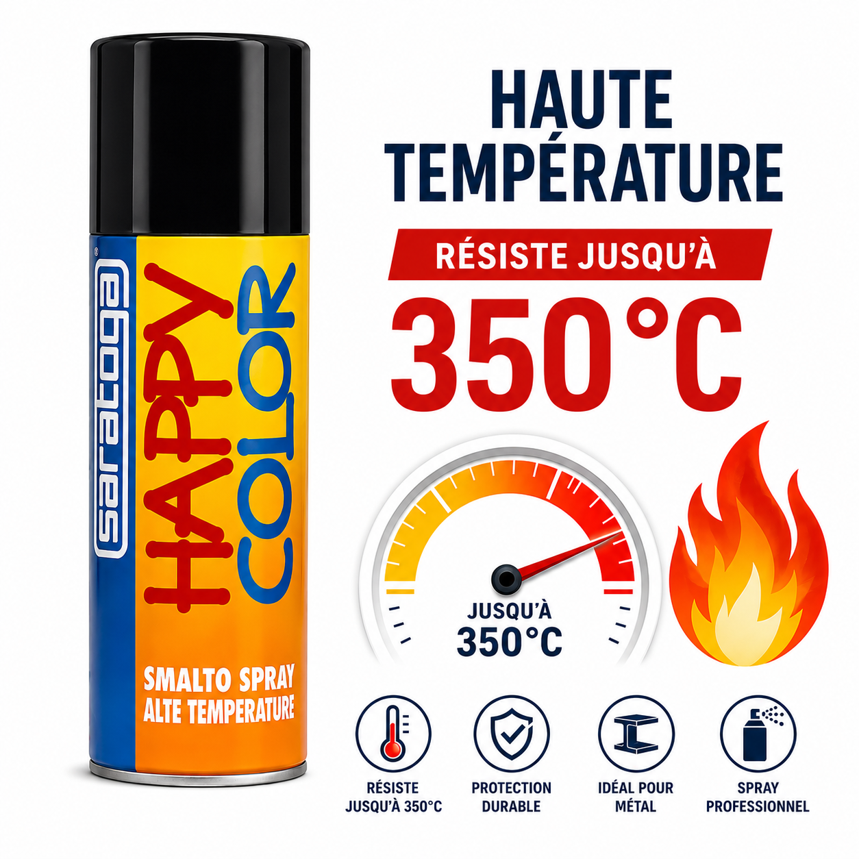 Bombe spray noir haute température Saratoga Happy Color 400ml résistant 350°C – finition mat, protection métal durable – SQES Ariana Menzah 8 Tunisie