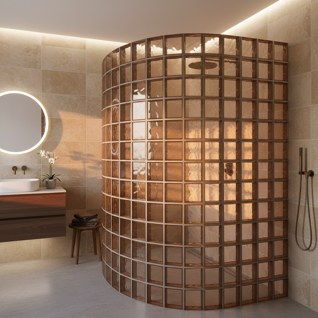 Cabine douche briques de verre marron