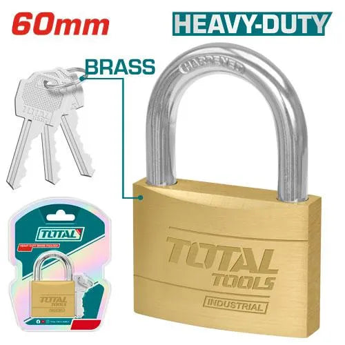 Cadenas en laiton robuste TOTAL 60mm – anse acier trempé chromée, double boulonné, antirouille, 3 clés laiton