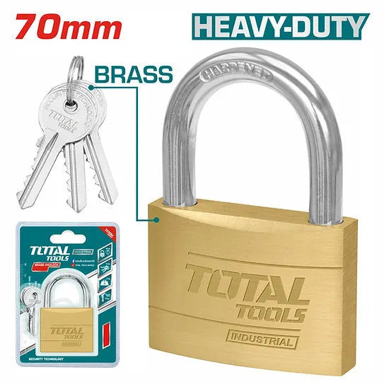 Cadenas en laiton robuste TOTAL 70mm – anse acier trempé chromée, double boulonné, antirouille, 3 clés laiton