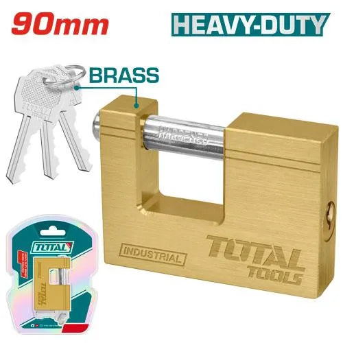 Cadenas rectangle en laiton TOTAL 90mm – anse acier trempé chromée, double boulonné, antirouille, 3 clés laiton