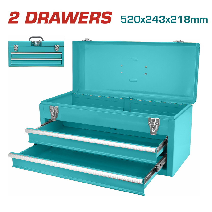 Caisse à outils portable TOTAL THPTC202 – 2 tiroirs 449x196x54mm, 520x218x243mm, 6,6kg, acier 0,8mm, loquets métalliques, poignée ergonomique
