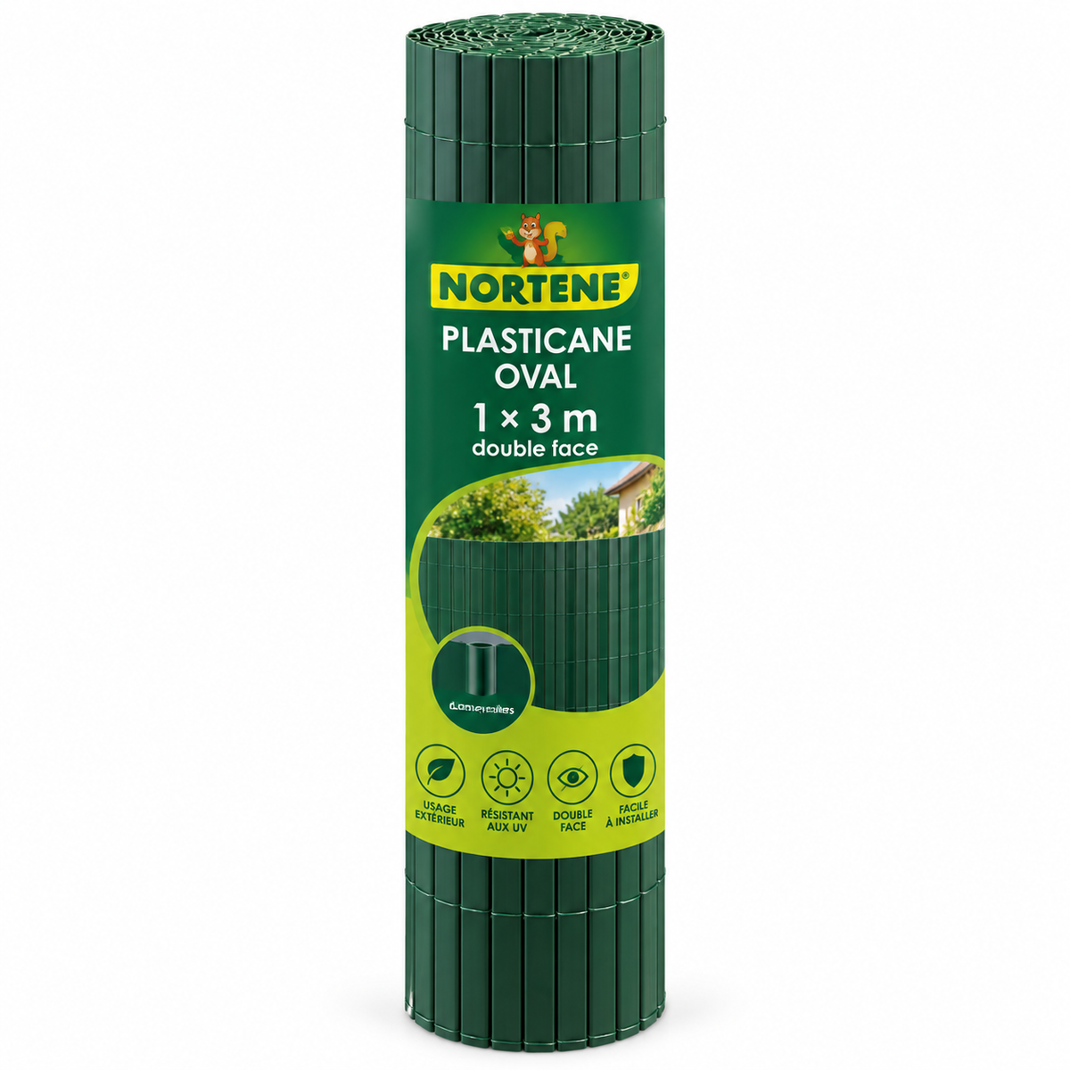 Canisse double face NORTENE PLASTICANE OVAL verte 1 × 3 m, lattes PVC ovales de 13 mm, anti-UV. Brise-vue partiel pour balcon et jardin. SQES.tn.