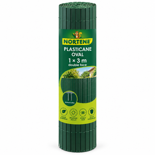 Canisse double face NORTENE PLASTICANE OVAL verte 1 × 3 m, lattes PVC ovales de 13 mm, anti-UV. Brise-vue partiel pour balcon et jardin. SQES.tn.