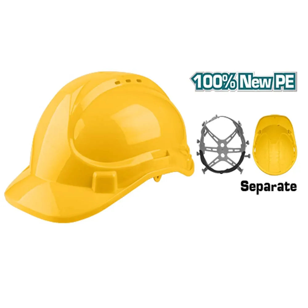 Casque de sécurité TOTAL TSP2602 jaune coque PE évents suspension 4 points mentonnière 380g – SQES Tunisie
