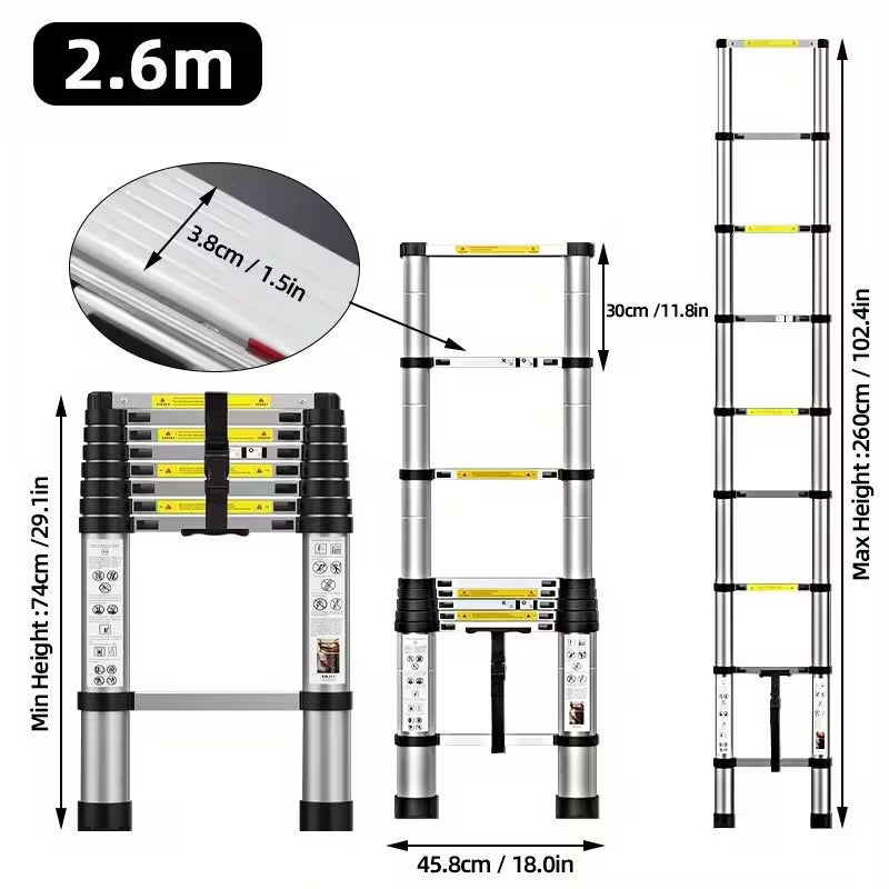Échelle télescopique aluminium 2.6m pliable avec pieds antidérapants et verrou sécurité. Idéale peinture, rénovation, travaux hauteur. Disponible SQES Tunisie.