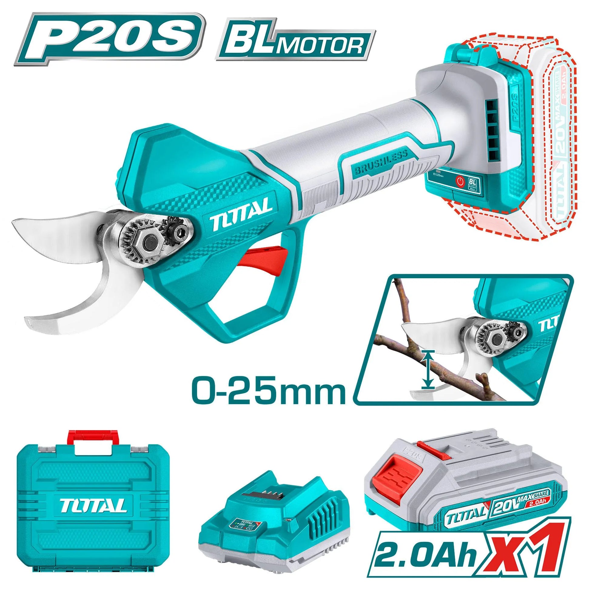 Cisaille Jardin Sans Fil TOTAL TSSLI202581 20V Brushless Coupe 25mm Kit Batterie 2Ah Élagage — SQES Tunisie
