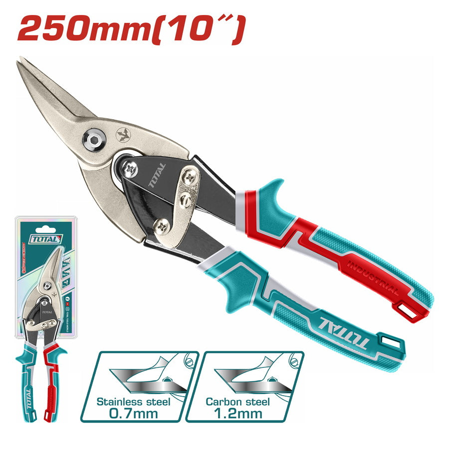 Cisaille à tôle droite TOTAL THT521106 250mm (10") – coupe acier 1,2mm & inox 0,7mm, manche bicolore ergonomique, blister double, tôlerie métallerie
