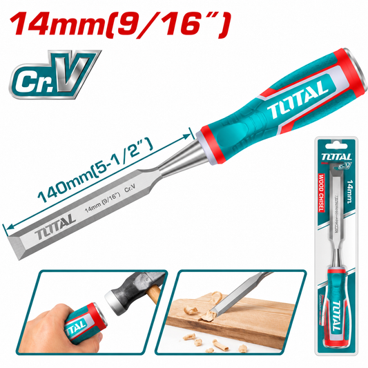 Ciseau à bois TOTAL THT41146 en acier Cr-V, largeur 14 mm et longueur 140 mm pour travaux de menuiserie, entaillage et finition du bois.