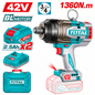 Clé à chocs Brushless TOTAL TIWLI421362 42V, carré 3/4″, couple 1360 Nm et desserrage 1950 Nm, avec 2 batteries 2,5 Ah, chargeur et mallette.