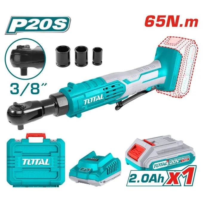 Clé à Cliquet Sans Fil TOTAL TDRLI2060152 20V 3/8" 65Nm 250tr/min Tête Rotative Batterie 2Ah Chargeur 3 Douilles Étui — SQES Tunisie
