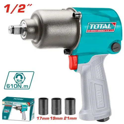 Clé à choc pneumatique TOTAL TAT40122 1/2" – 610Nm, 7000tr/min, double marteau, 3 douilles 17/19/21mm, connecteurs multi-types, 2,6kg
