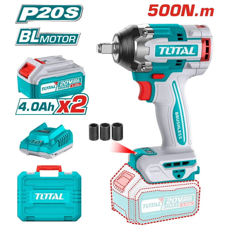 Clé à chocs sans fil TOTAL TIWLI2050 20V brushless 500Nm 3 vitesses 2 batteries 4Ah mallette – SQES Tunisie
