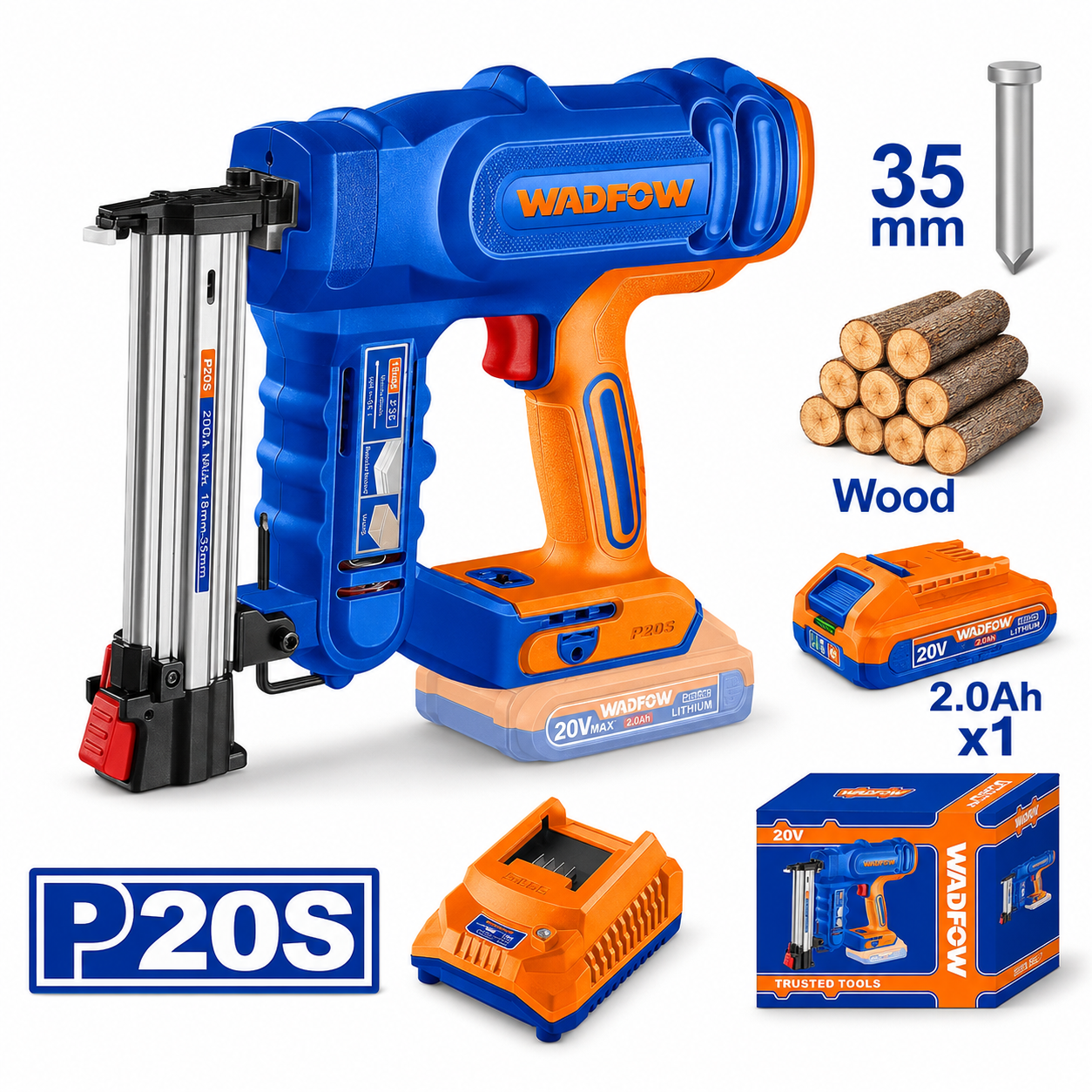 Cloueuse à Brads Sans Fil WADFOW WBJ1308 — 20V F15-F35 2 Clous/s Batterie 2Ah Chargeur 1000 Clous 35mm Finition Bois | SQES Tunisie
