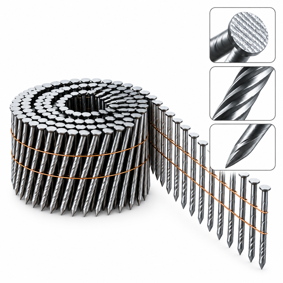 Clous torsadés OMER en rouleau — dimensions 23/45 et 23/50, carton de clous pour cloueur, fixation et clouage professionnel, quincaillerie de chantier | SQES Tunisie
