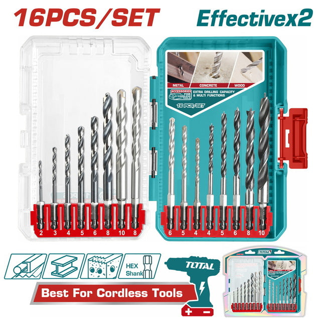 Coffret 16 forets TOTAL TACSDL11608 – 6 HSS métal, 5 carbure maçonnerie, 5 bois pointe centrée, tige hexagonale, double blister
