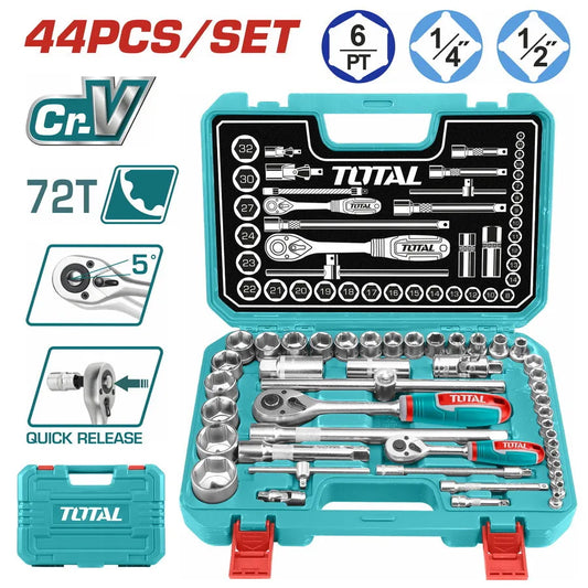 Coffret Clés à Douilles TOTAL THT421441 44 Pièces 1/4" 1/2" Cliquet 45T Chrome Micro-Fini Mécanique Auto — SQES Tunisie
