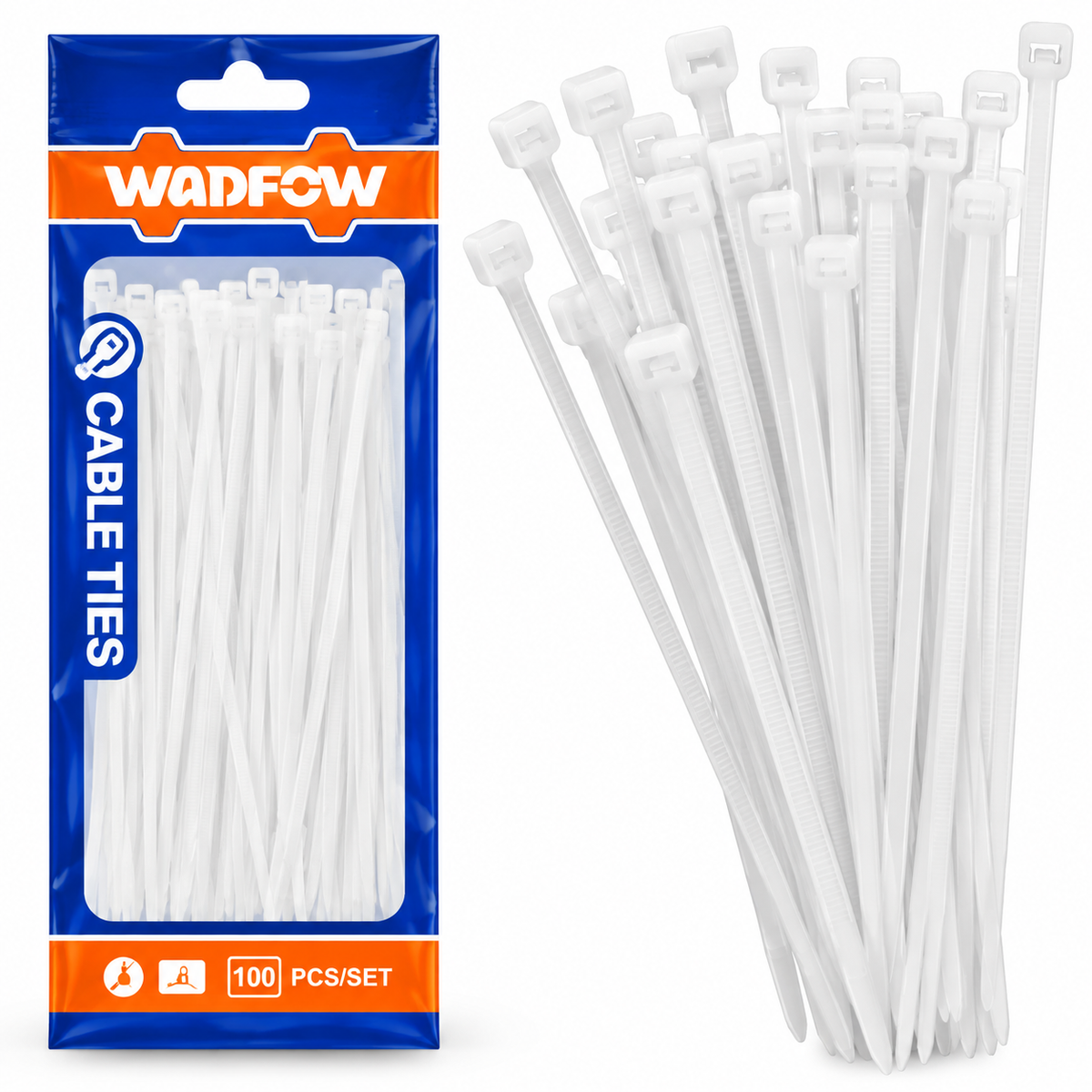 Colliers de serrage plastique blancs WADFOW WTE315025, WTE320036, WTE325048 et WTE335048, sachets de 100 pièces, dimensions 150 × 2,5, 200 × 3,6, 250 × 4,8 et 350 × 4,8 mm pour organiser les câbles | SQES Tunisie
