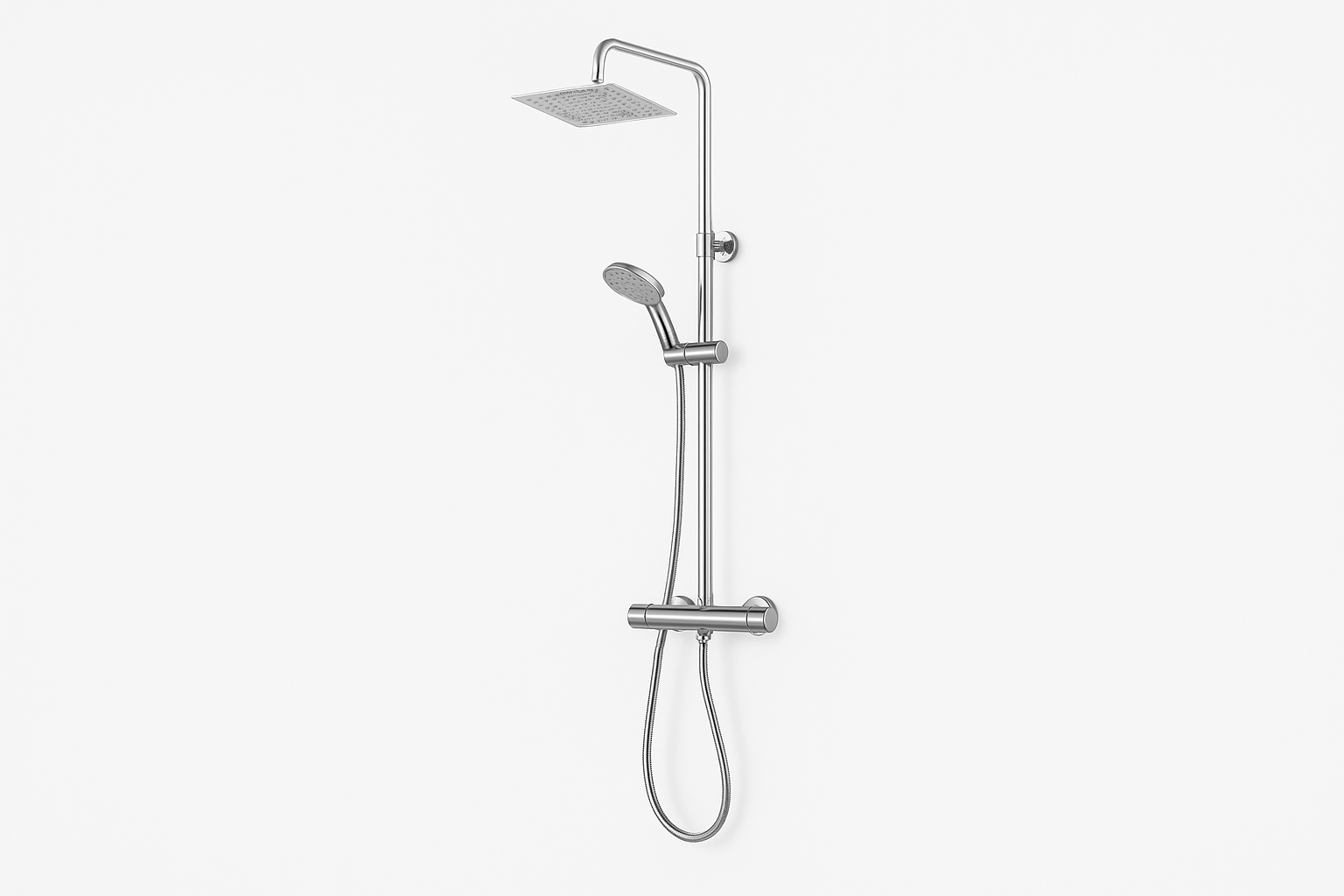 Colonne de douche réglable acier inoxydable 304 FRAMO – pomme XXL 200x200mm effet pluie, mitigeur thermostatique 2 sorties anti-brûlure, kit complet
