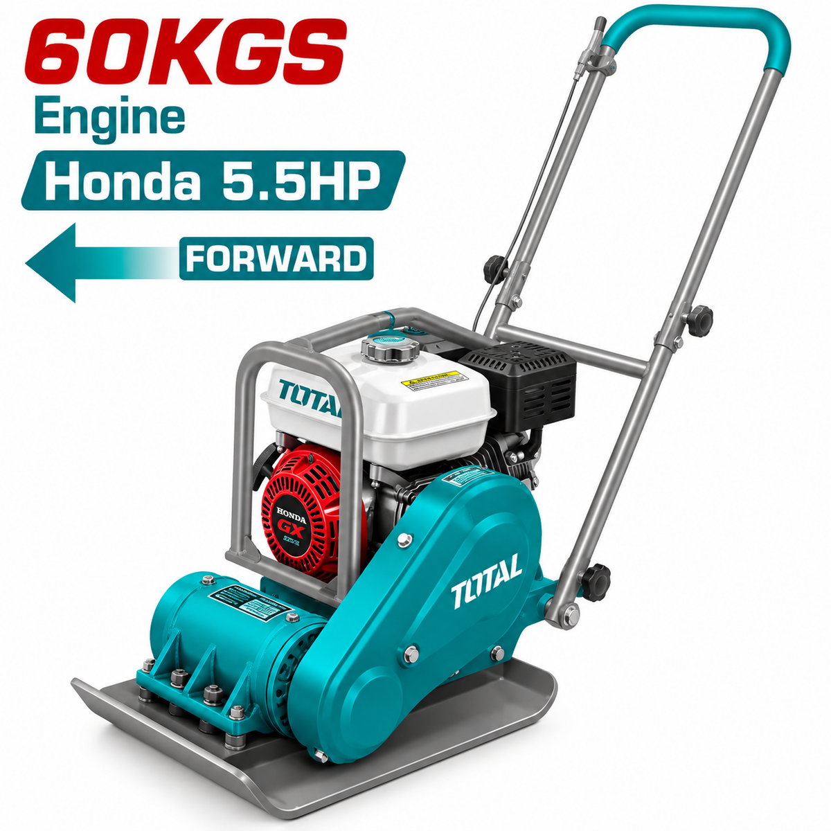 Compacteur à plaque TOTAL TP7060-1 avec moteur Honda GX160 5,5 HP, force 10,5 kN, semelle 500 × 360 mm et poids 60 kg.
