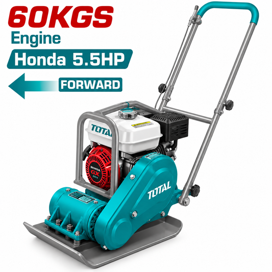 Compacteur à plaque TOTAL TP7060-1 avec moteur Honda GX160 5,5 HP, force 10,5 kN, semelle 500 × 360 mm et poids 60 kg.