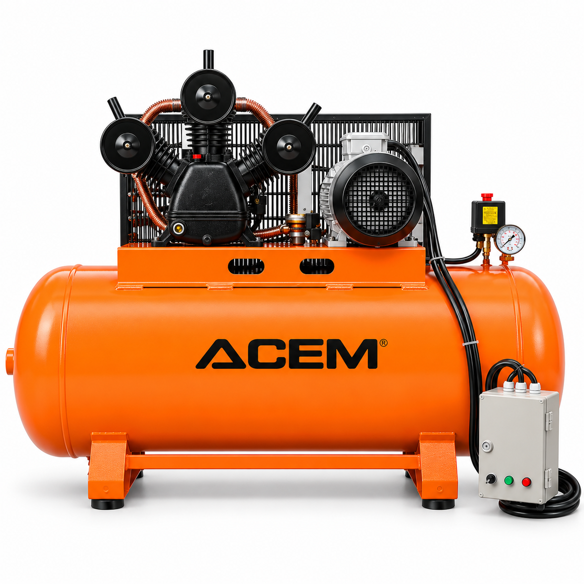 Compresseur d'air ACEM C500L avec réservoir orange de 500 litres et moteur triphasé 7,5 HP

