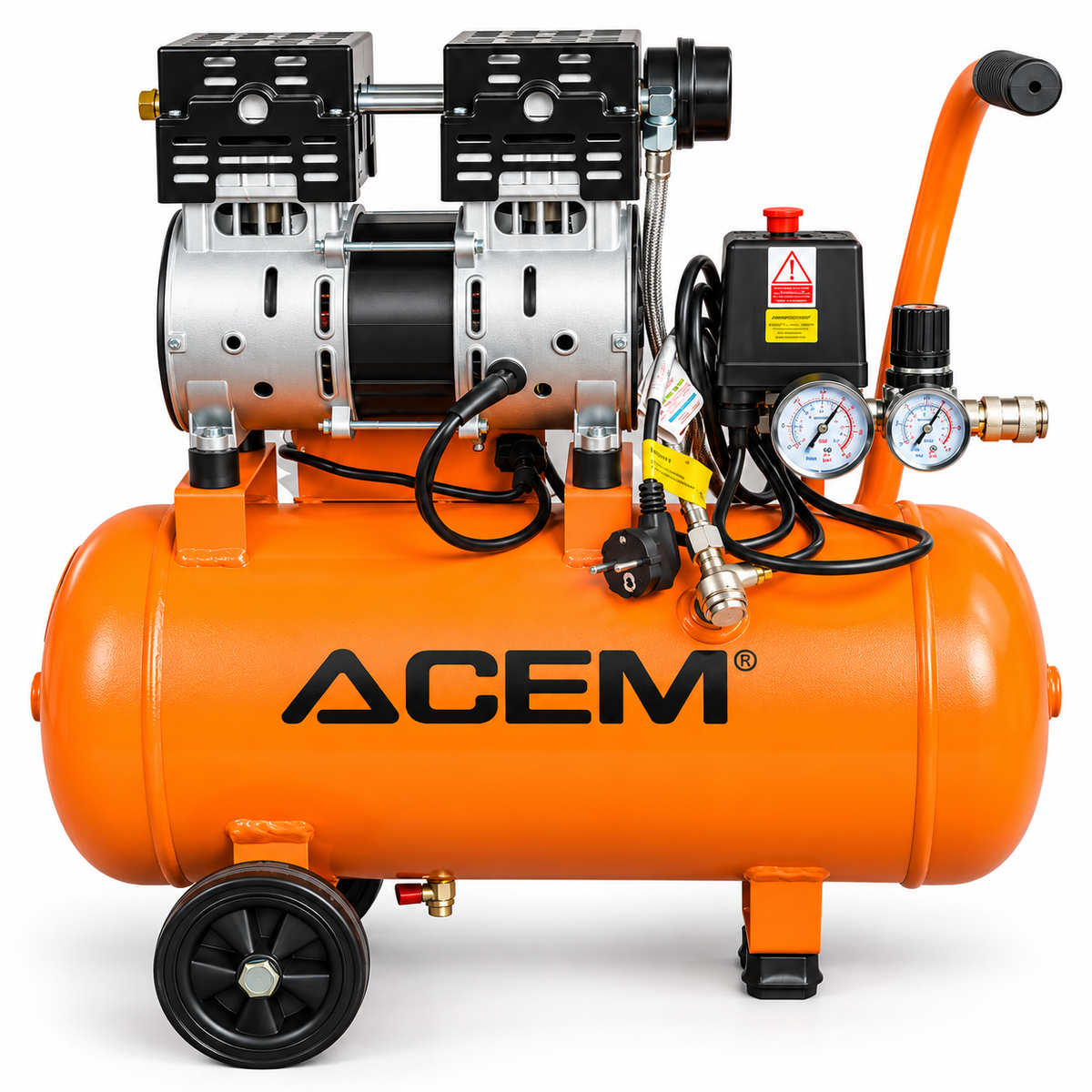 Compresseur d'air ACEM CS24L avec réservoir orange de 24 litres et moteur 1 HP.
