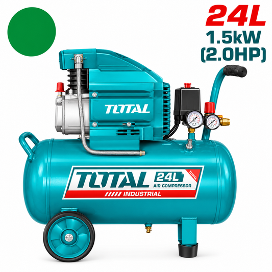 Compresseur d’air TOTAL TC2202461E avec cuve 24 L, moteur 1,1 kW / 1,5 CV, alimentation 230 V et pression maximale 8 bar.