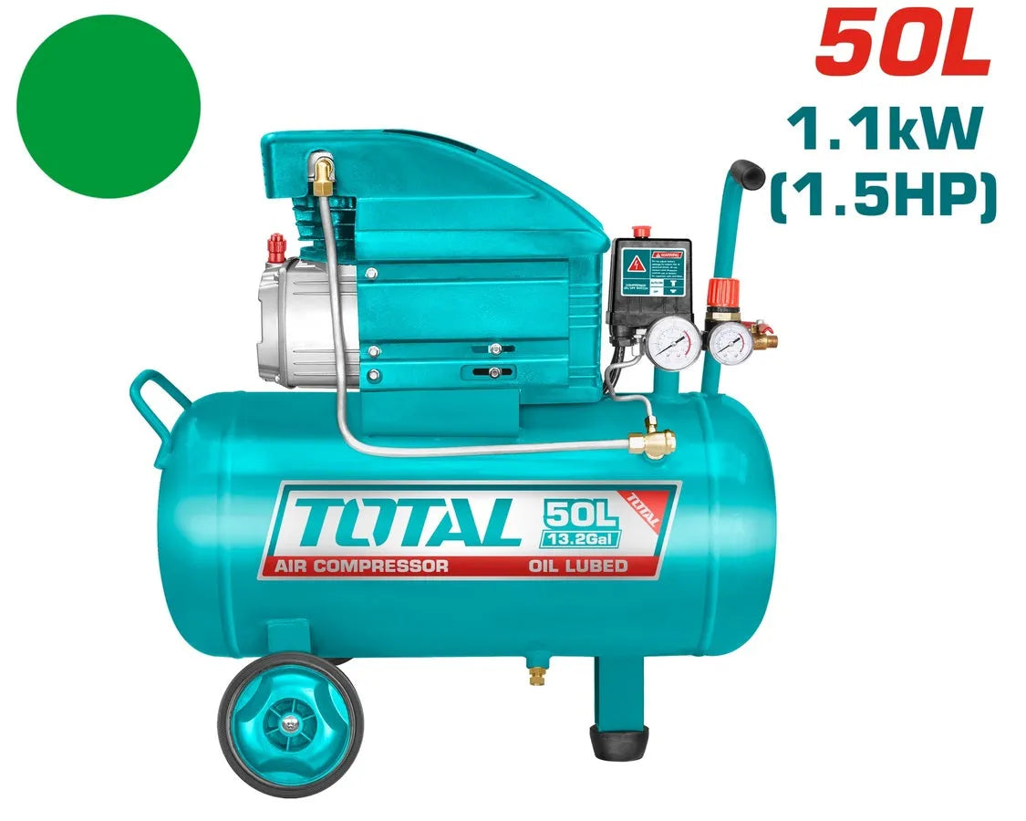 Compresseur d'air TOTAL TC255061E 50L 1kW – pression 8 bar, 2850 tr/min, entraînement courroie, pompe huilée, 96dB, 220-240V, bricolage atelier
