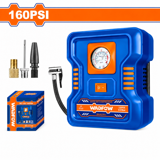 Compresseur Portable WADFOW 12V 160 PSI WAAC501 — Débit 9 L/min Cordon 3m Allume-Cigare 3 Adaptateurs Inclus | SQES Tunisie

