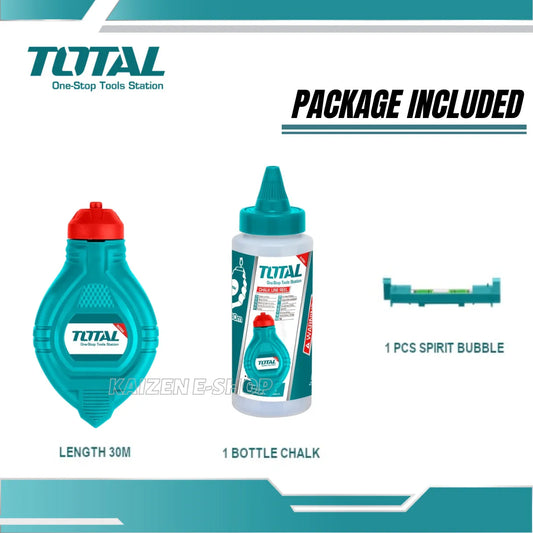 Cordeau traceur TOTAL THT661301 30m – avec niveau intégré et bouteille de craie incluse, traçage précis maçonnerie chantier bricolage
