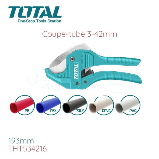 Coupe-tube TOTAL THT534216 193mm – capacité 3-42mm, compatible PVC PP PU PE, coupes précises pour plomberie et installations

