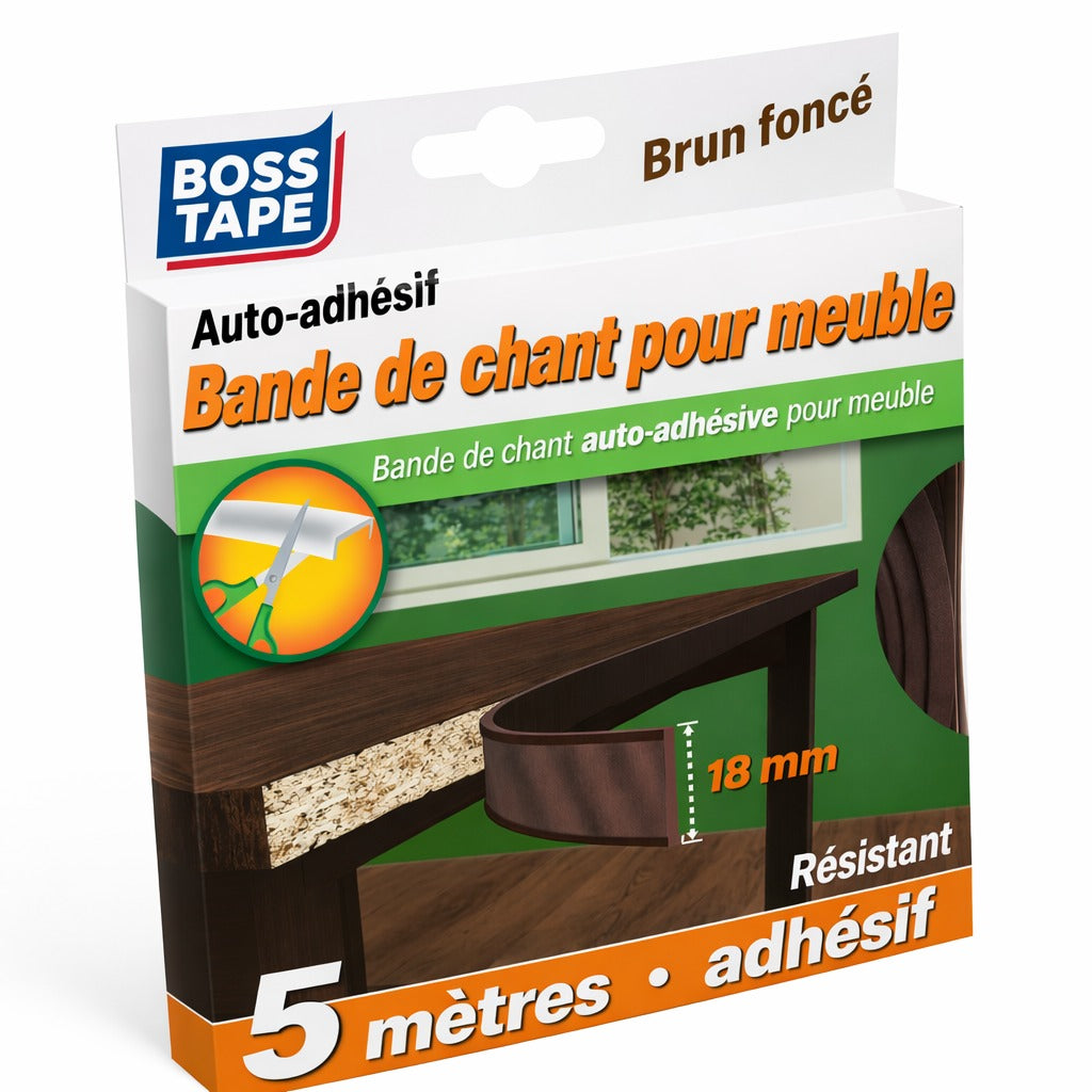 Couvre chant adhésif Boss Tape 18mm x 5m – réparation et finition bords de meubles, compatible multi-matériaux
