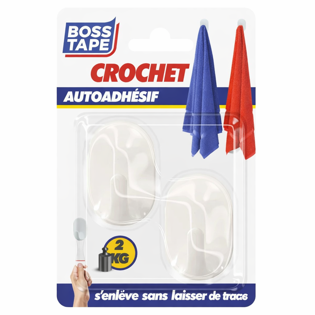 Crochet mural blanc Boss Tape 33mm x 50mm lot de 2 – auto-adhésif sans perçage, serviettes, vêtements, ustensiles et clés

