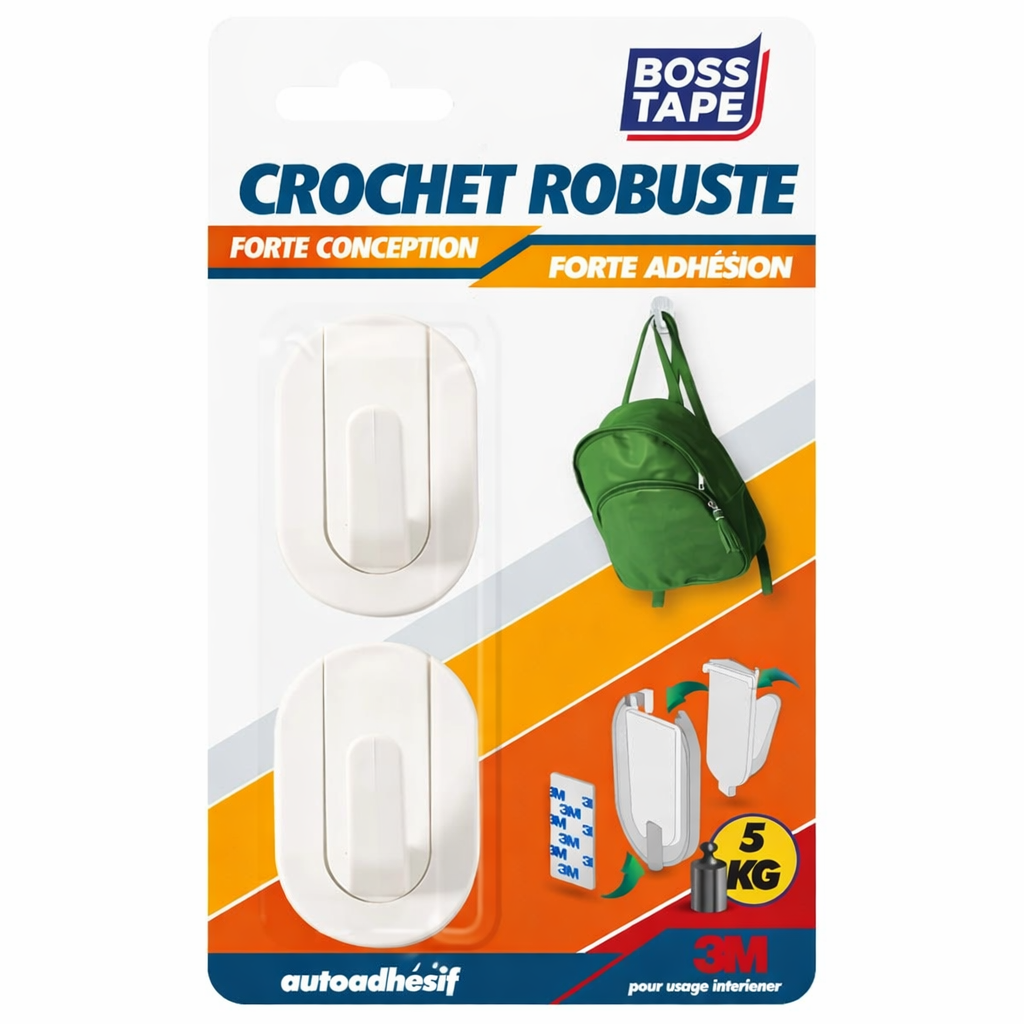 Crochet mural blanc Boss Tape 43mm x 70mm lot de 2 – auto-adhésif sans perçage, salle de bain, cuisine et entrée
