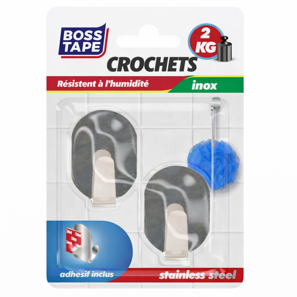 Crochet mural inox Boss Tape 33mm x 44mm lot de 2 – auto-adhésif sans perçage, résistant humidité, cuisine, salle de bain 