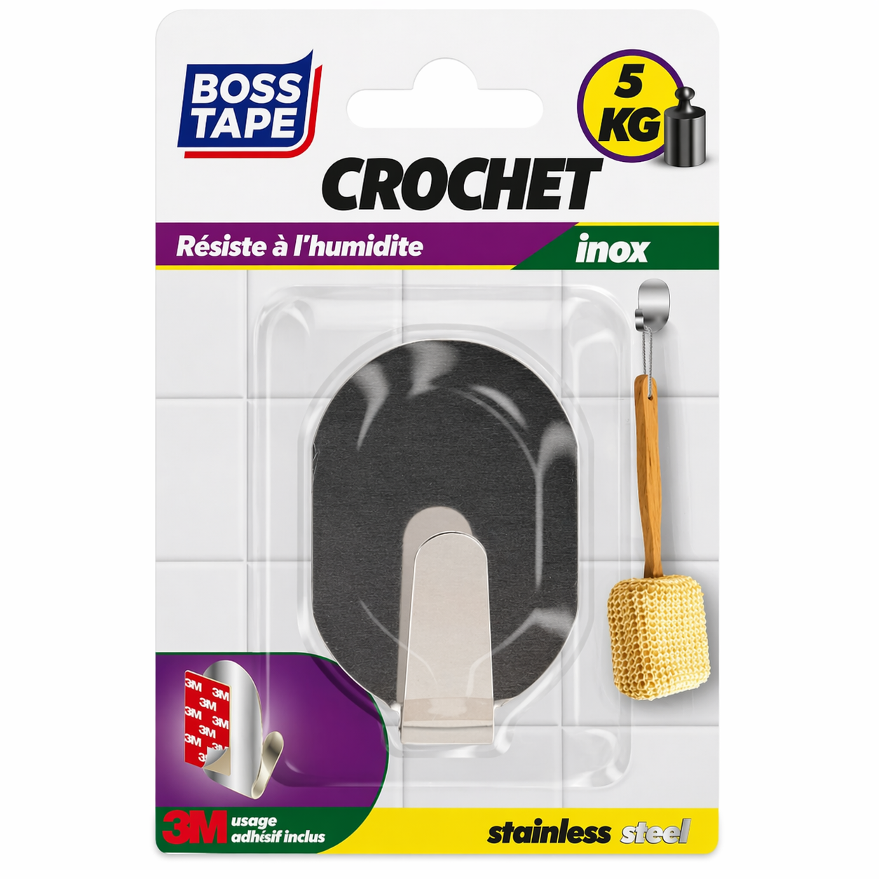 Crochet mural inox Boss Tape 45mm x 65mm – auto-adhésif sans perçage, résistant humidité, cuisine, salle de bain et bureau

