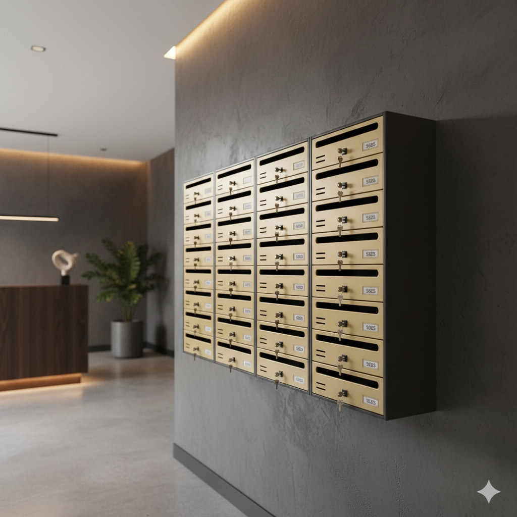 Détail boîtes postales SQES bronze sur béton ciré