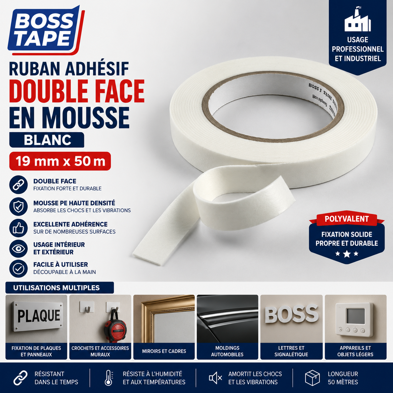 Ruban Double Face Mousse Blanc BOSS TAPE – 19mm x 50m