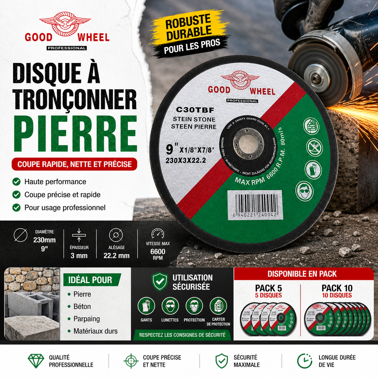 Disque à tronçonner pierre 230mm GOOD WHEEL C30TBF