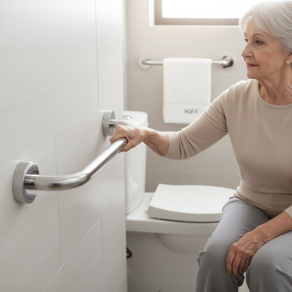 Dame âgée utilisant la barre d'appui Duxxa avec fixations murales