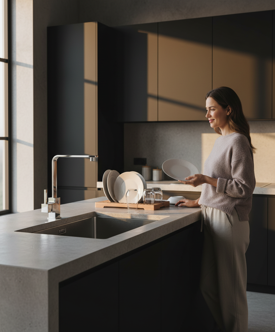 Dame satisfaite cuisine industrielle