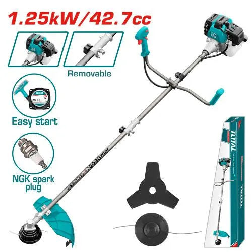 Débroussailleuse à essence TOTAL TP5434421 42,7cc (1,25kW) – coupe 420mm, 9000 tr/min, réservoir 1200ml, fil 2,4mm + lame 3 dents 255mm inclus
