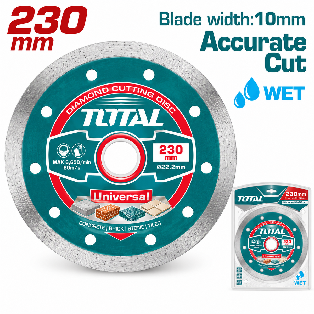 Disque diamant humide TOTAL TAC2122301 diamètre 230 mm, alésage 22,2 mm, pour coupe de matériaux minéraux compatibles.