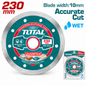 Disque diamant humide TOTAL TAC2122301 diamètre 230 mm, alésage 22,2 mm, pour coupe de matériaux minéraux compatibles.