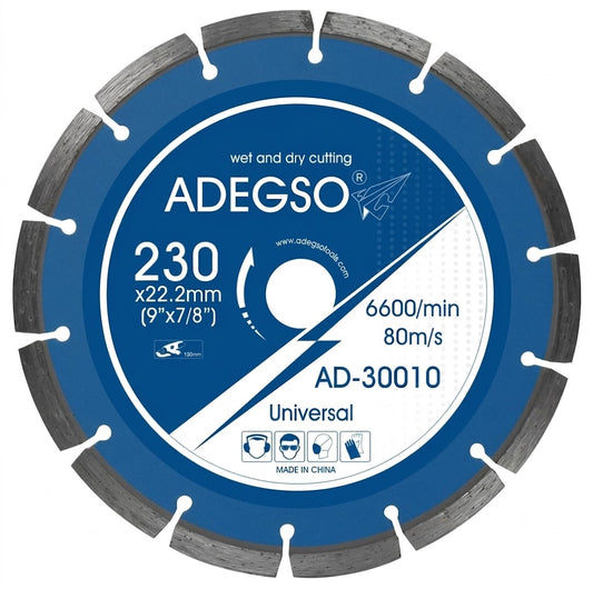 Disque diamant universel 230 mm ADEGSO AD-30010 — Disque diamant segmenté 230 × 22,2 mm coupe à sec et avec arrosage | SQES Tunisie
