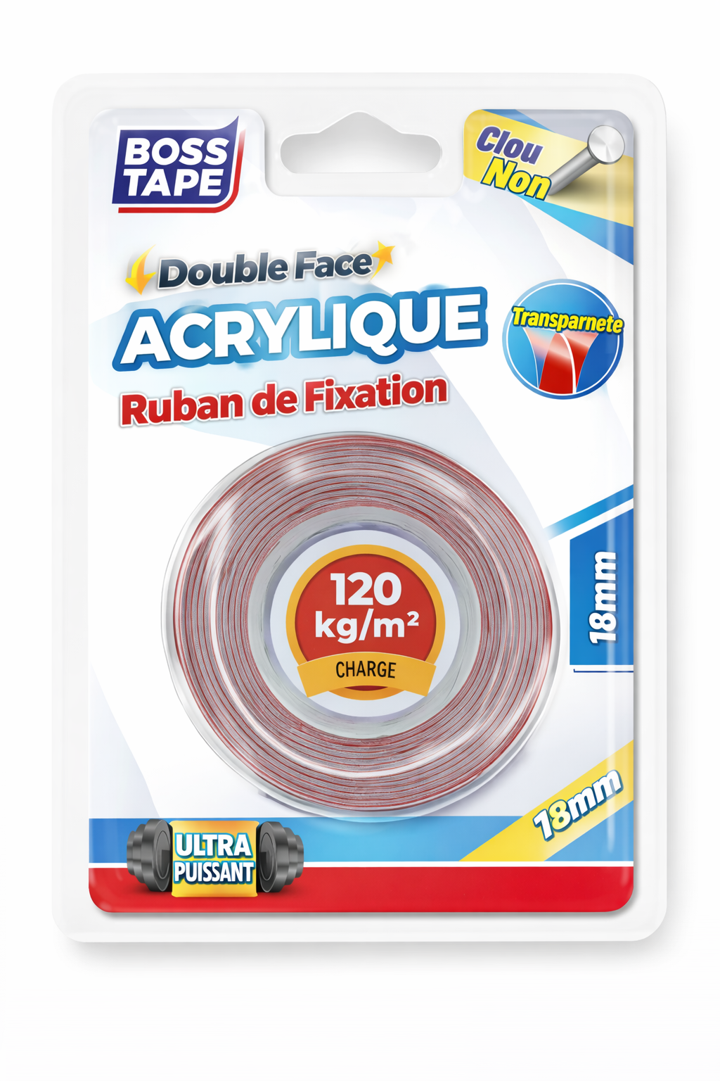 Double face acrylique BOSS TAPE 120kg 18mmx2m ultra-puissant. Fixation solide objets lourds. Livraison Tunisie. Fixez solidement !