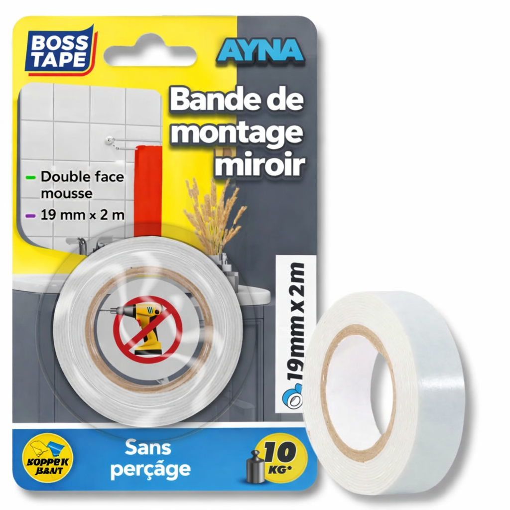 Ruban double face montage miroir Boss Tape 19mm x 2m – fixation solide sans perçage, salle de bain, chambre