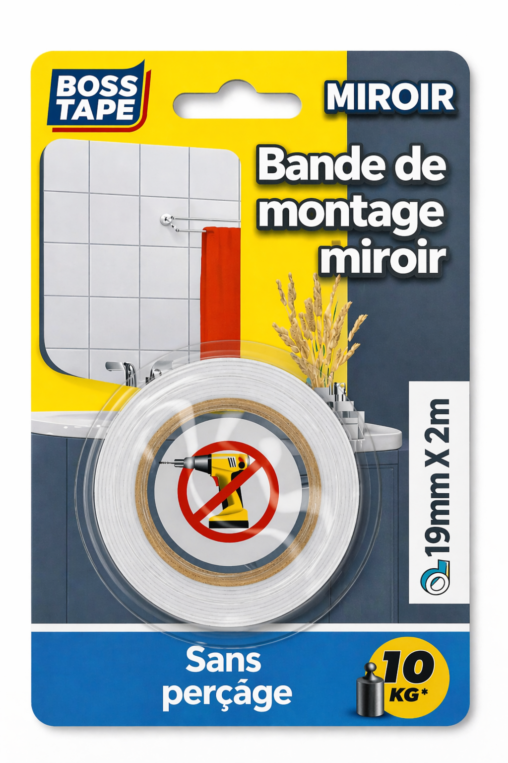 Ruban double face montage miroir Boss Tape 19mm x 2m – fixation solide sans perçage, salle de bain, chambre